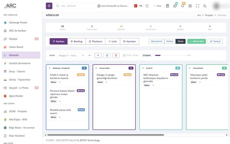 ARC Tasks Kanban board and a Söyleşi group chat — SORA Aviation sample workspace